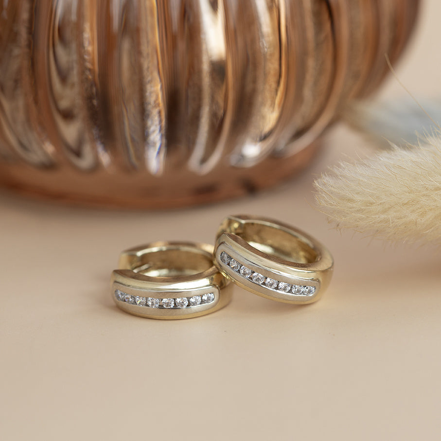 Gold hinged hoop earrings with zirconia 14 karat