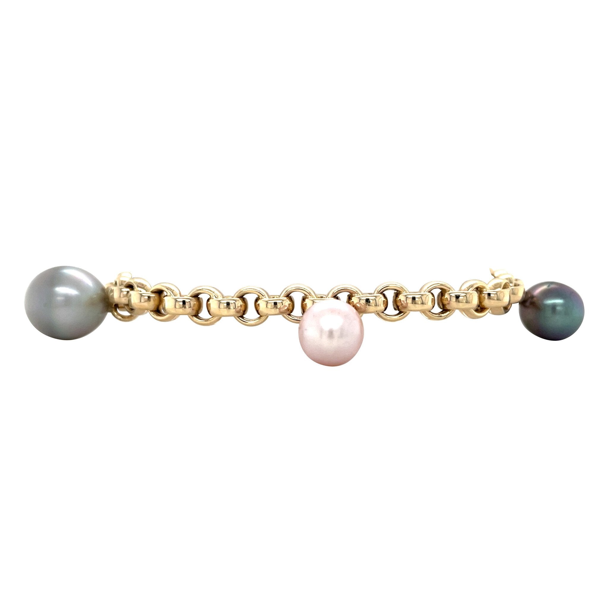 Golden jasseron bracelet with pearls 20 cm 14 karat