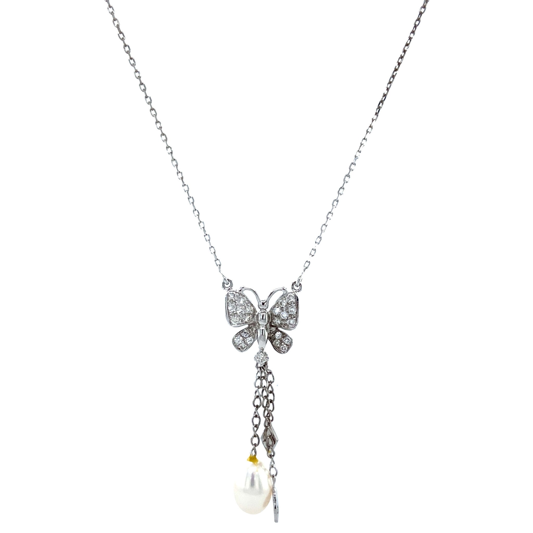 White gold necklace with diamond butterfly and pearl 42 cm 18 karat
