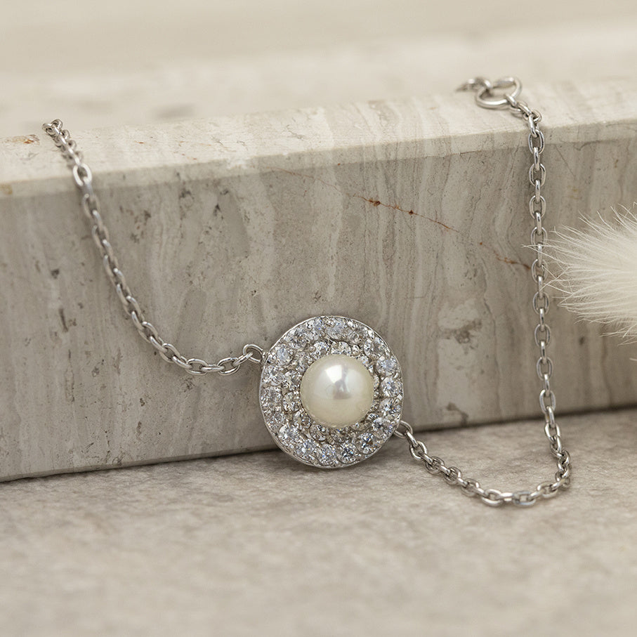 White gold bracelet with pearl and zirconia 17 cm 18 karat