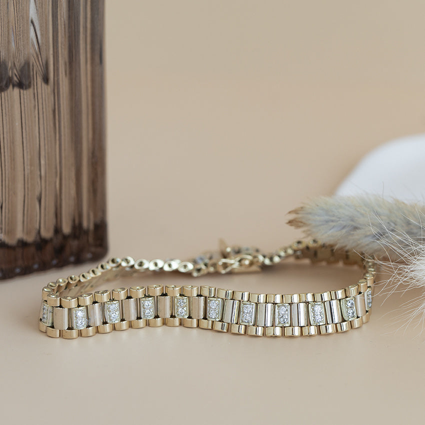 Golden rolex bracelet with zirconia 19.5 cm 14 kt