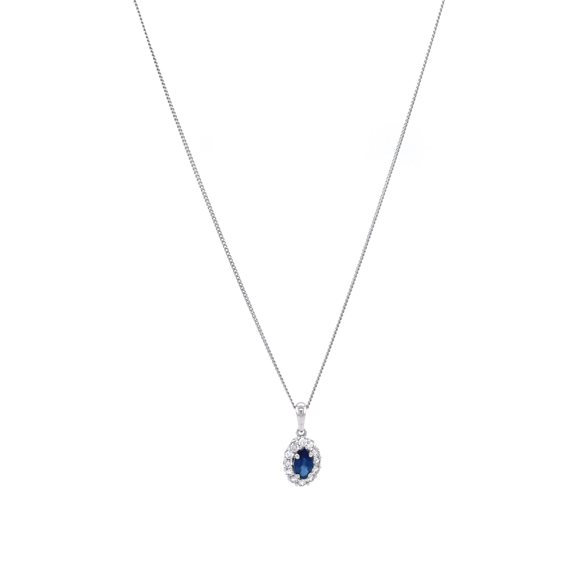 White gold entourage necklace with sapphire and diamond 14 kt