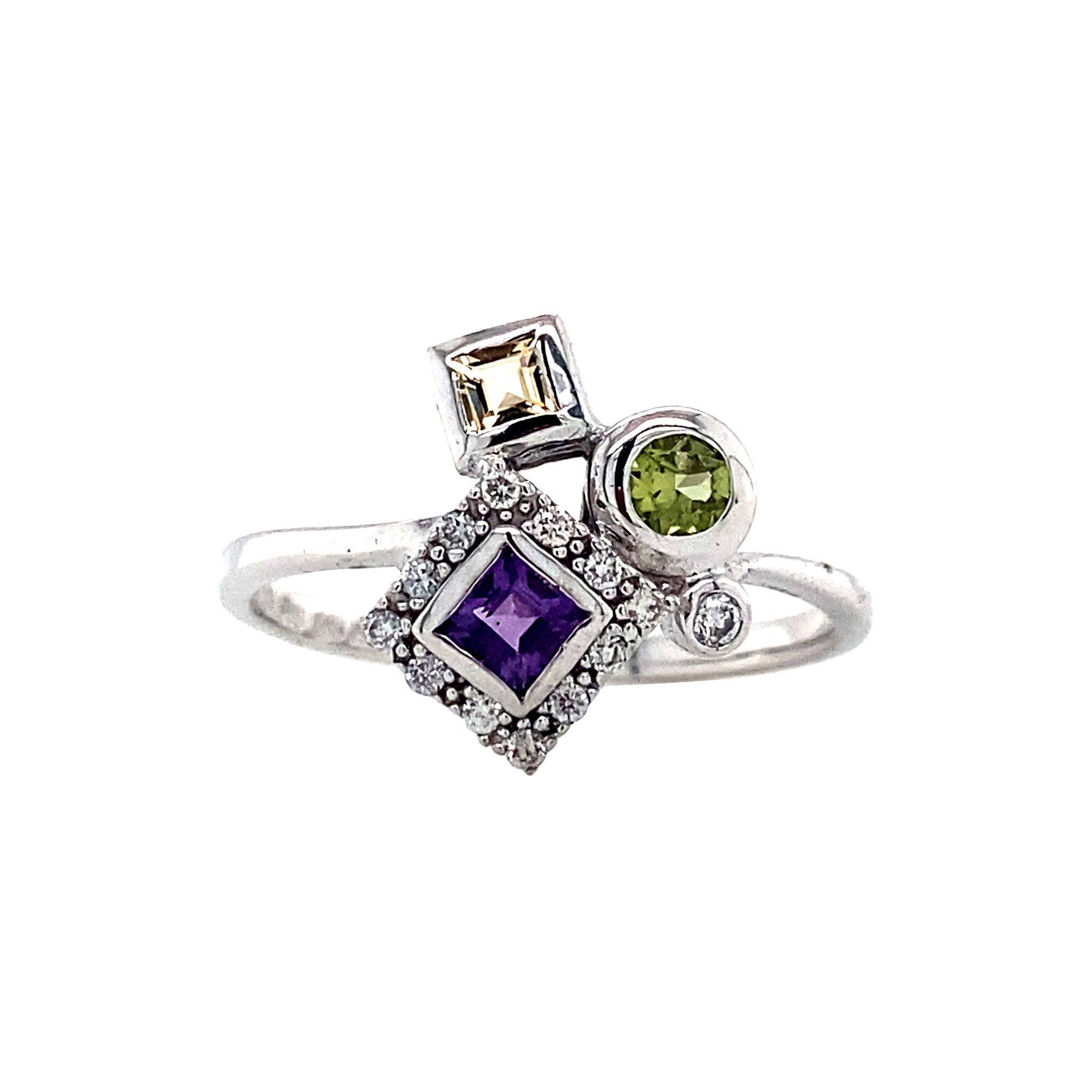 White gold ring with diamond and colored gemstones 14 kt