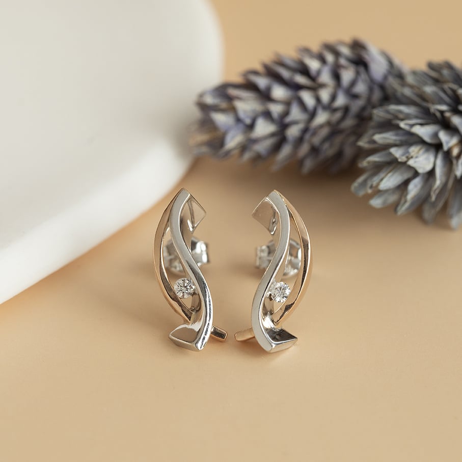 Bicolour gold stud earrings with zirconia 14 karat