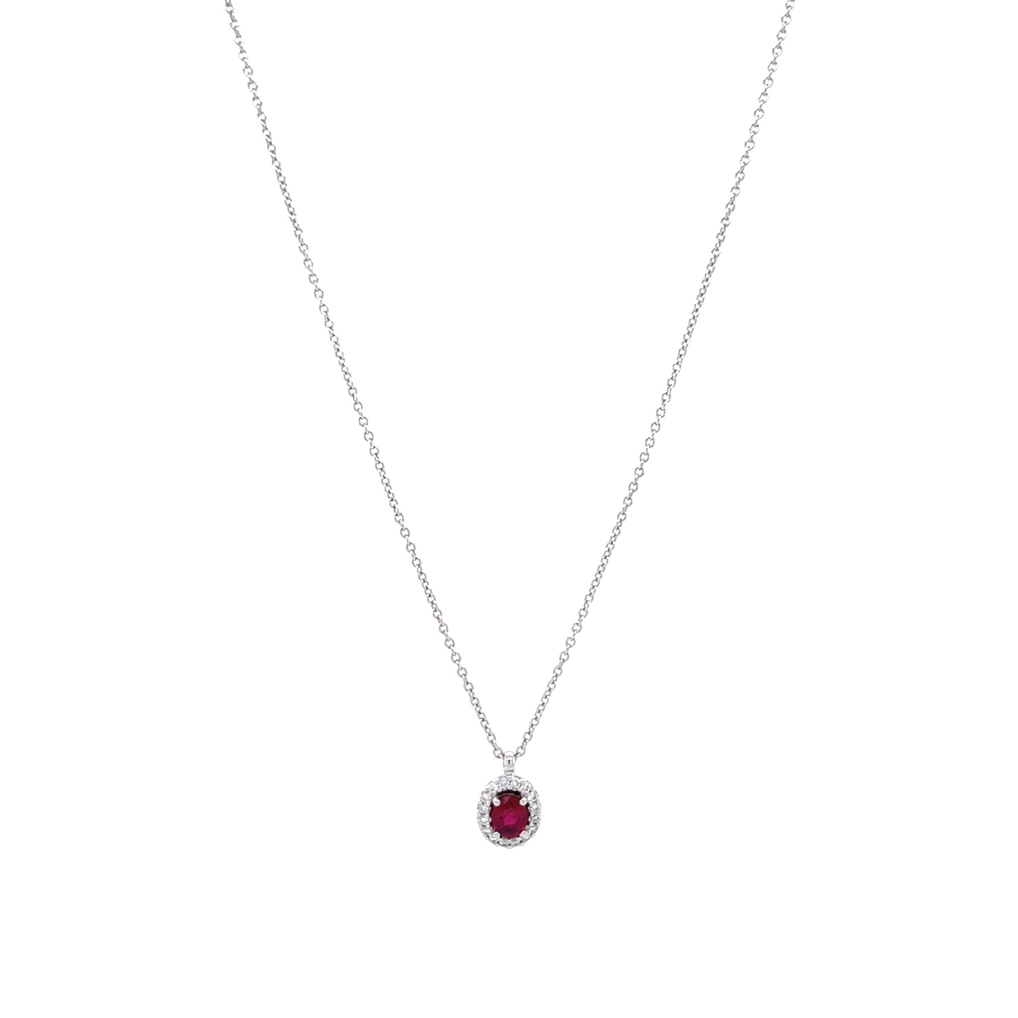 White gold entourage necklace with ruby and diamond 14 kt